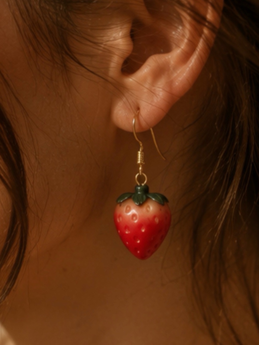 Gold Hook Earrings with Red Strawberry Charm